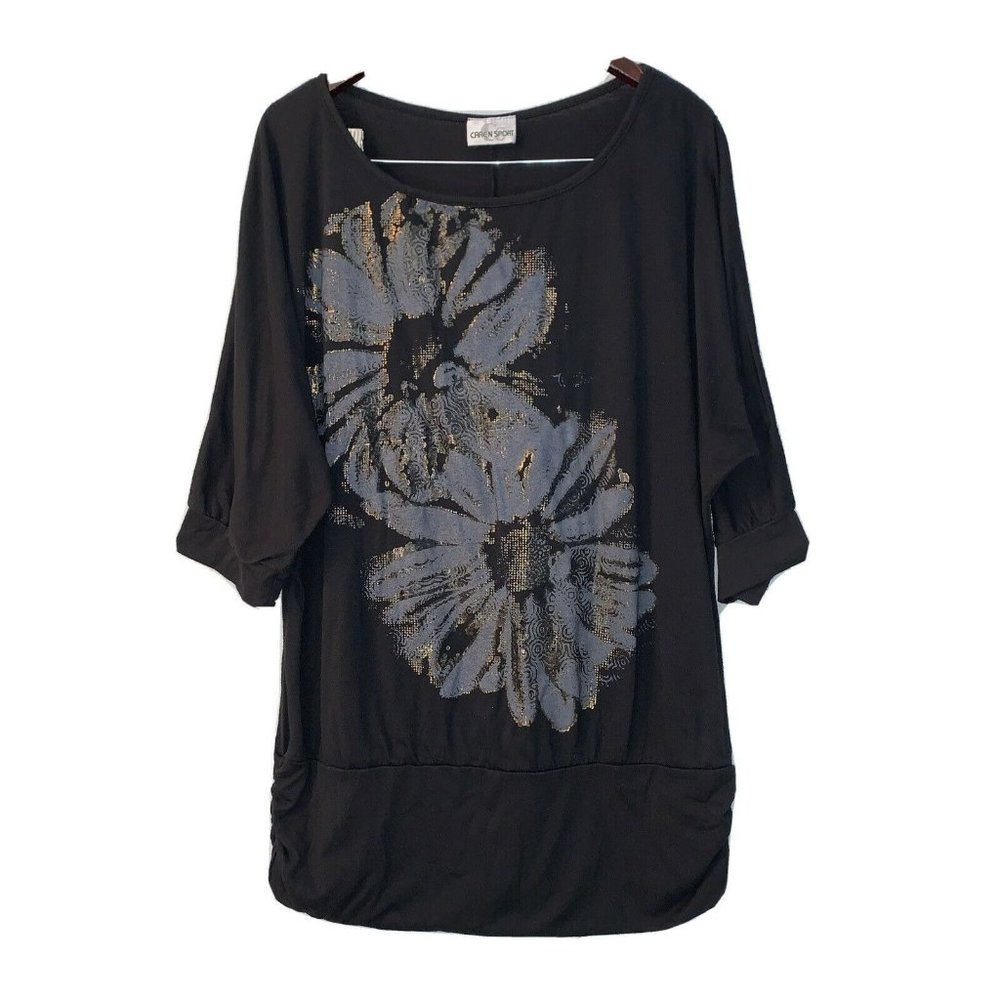 Caren Sport XL long Graphic Floral blouse Waistband Half Sleeve
